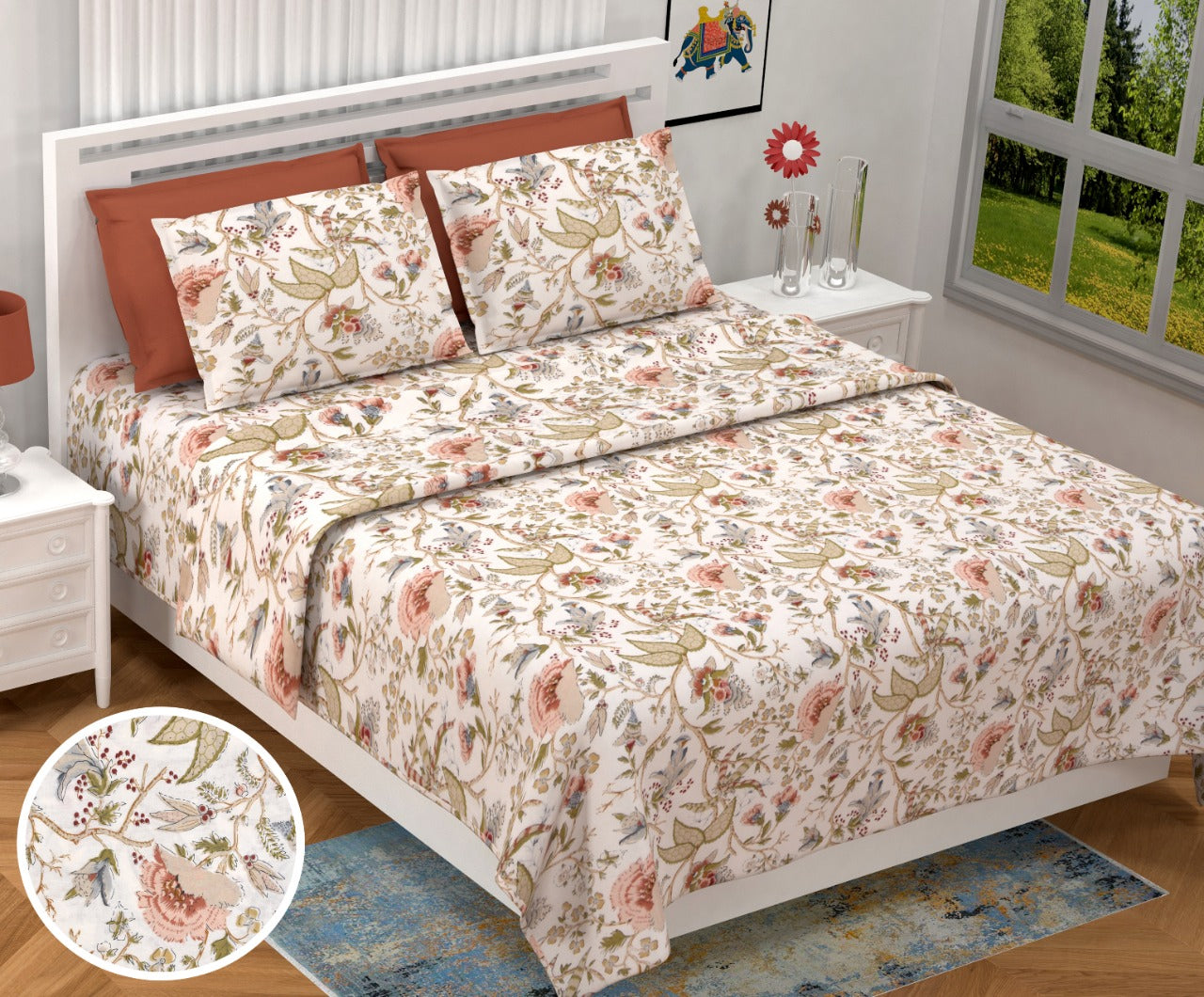 Anokhi Floral Garden Print King Size Cotton Bedsheet 100x100 with 2 Pillow Covers