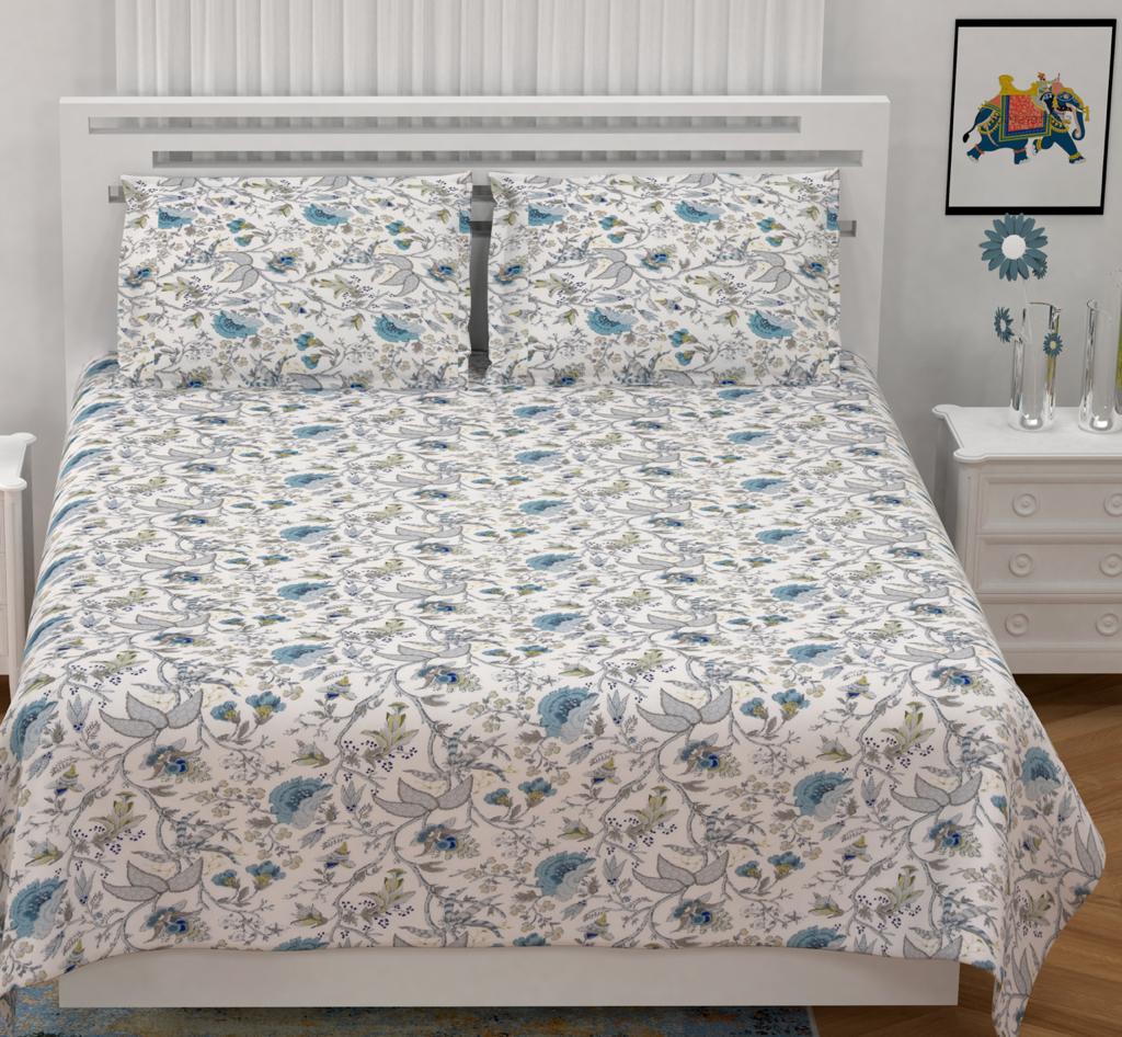 Anokhi Floral Garden Print King Size Cotton Bedsheet 100x100 with 2 Pillow Covers