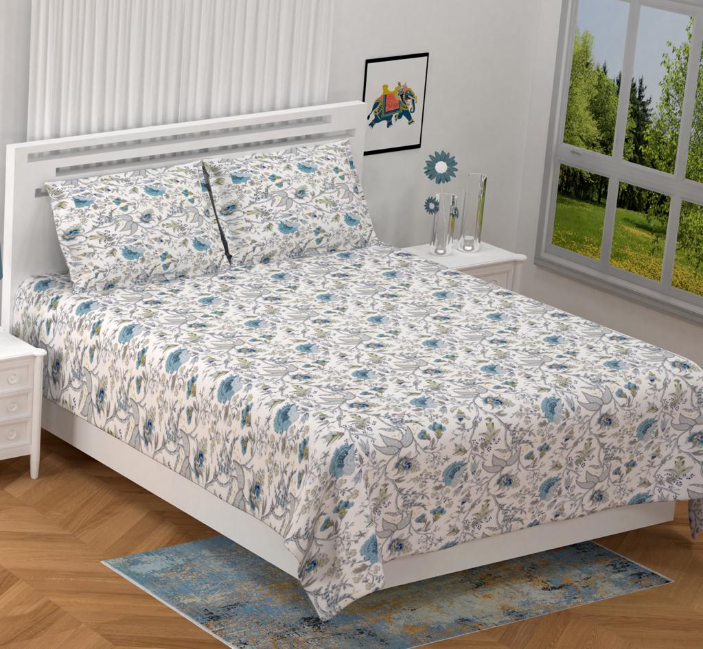 Anokhi Floral Garden Print King Size Cotton Bedsheet 100x100 with 2 Pillow Covers