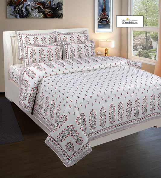Jaipuri Cotton King Size Bedsheet 95x108 | Traditional Floral & Buta Print with Pillow Covers