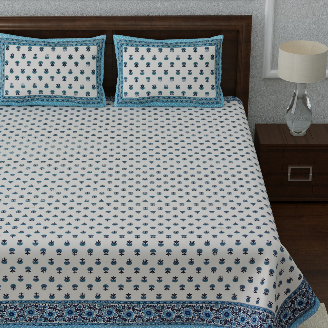 Jaipuri Cotton King Size Bedsheet 95x108 | Traditional Floral & Buta Print with Pillow Covers