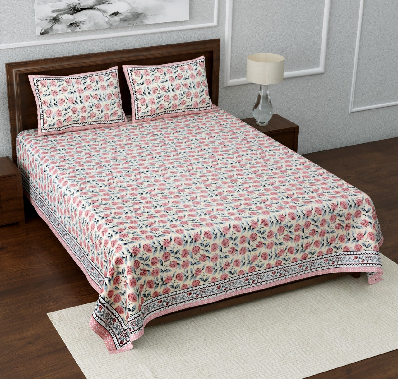 Jaipuri Cotton King Size Bedsheet 95x108 | Traditional Floral & Buta Print with Pillow Covers