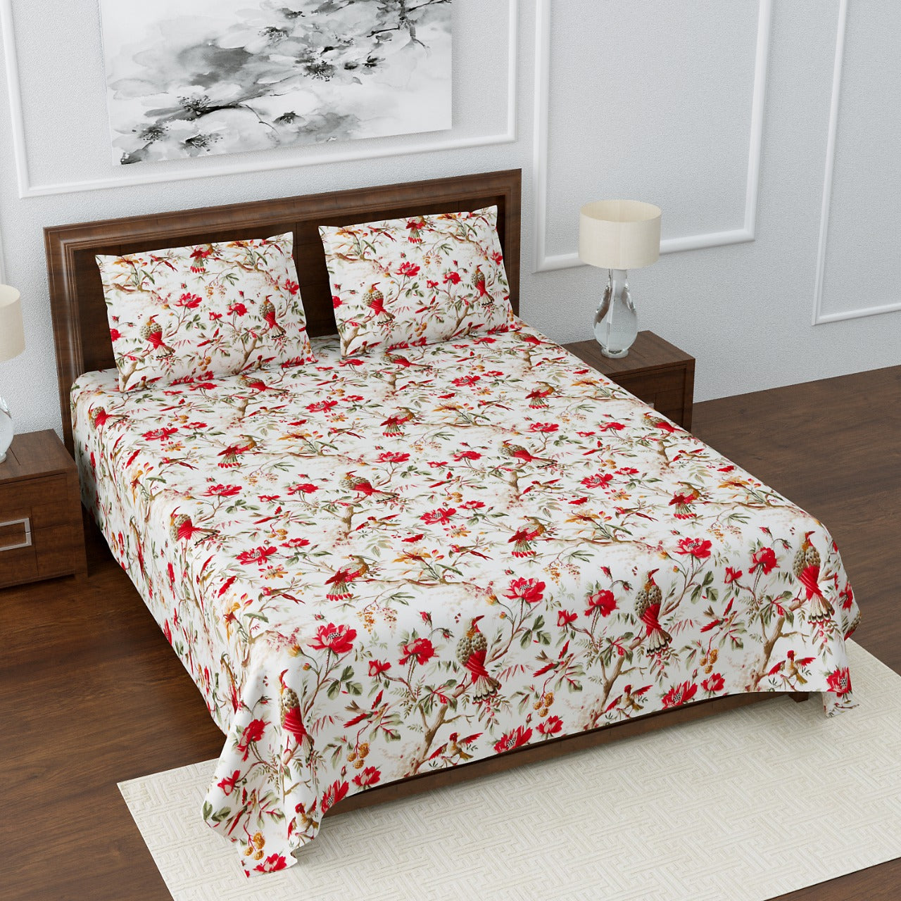 Anokhi Floral Bird Print King Size Cotton Bedsheet 100x100 with 2 Pillow Covers