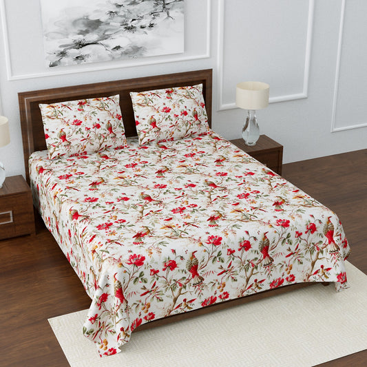 Anokhi Floral Bird Print King Size Cotton Bedsheet 100x100 with 2 Pillow Covers