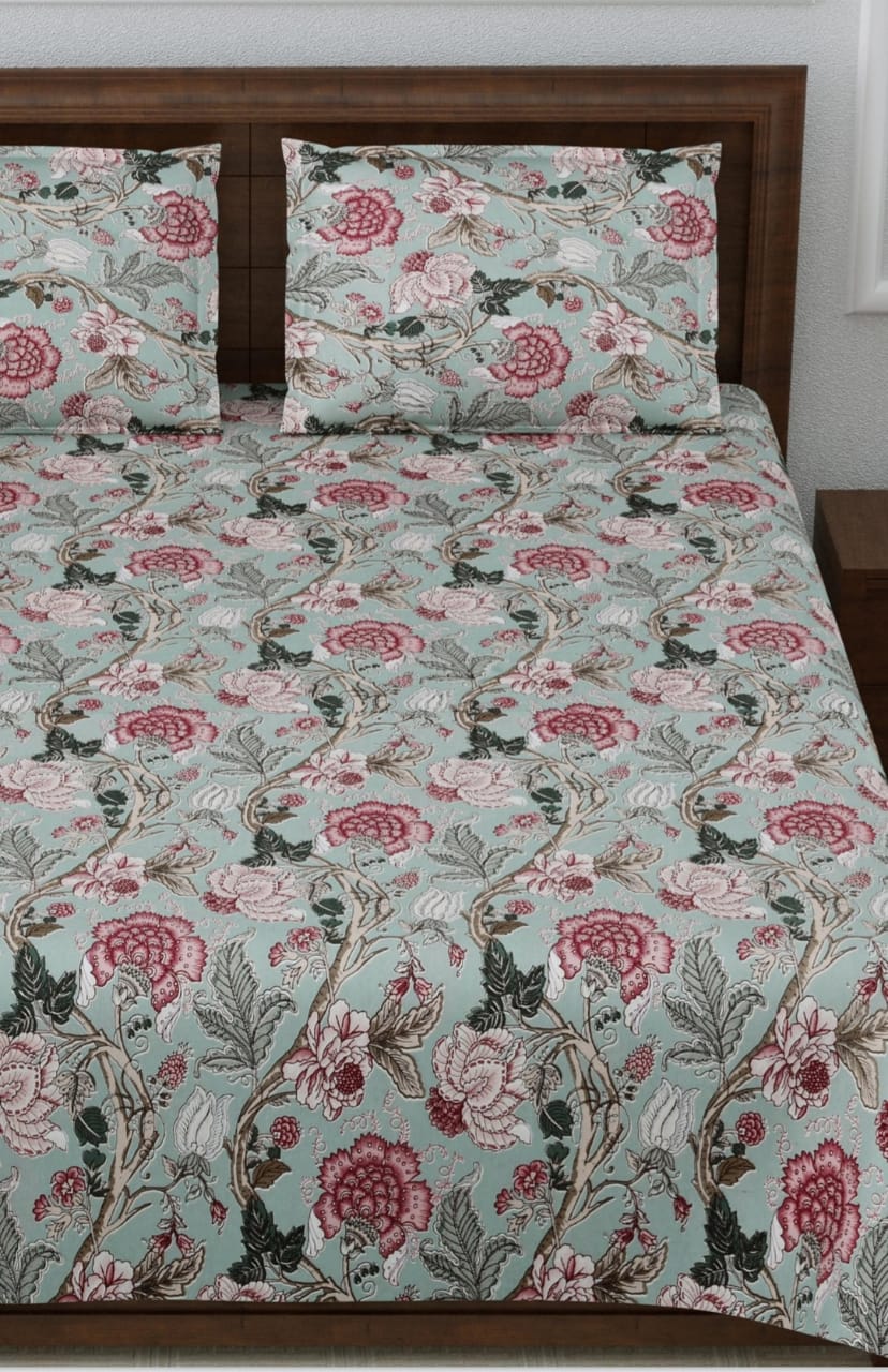 Anokhi Floral Bird Print King Size Cotton Bedsheet 100x100 with 2 Pillow Covers