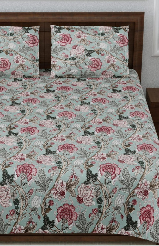 Anokhi Floral Bird Print King Size Cotton Bedsheet 100x100 with 2 Pillow Covers
