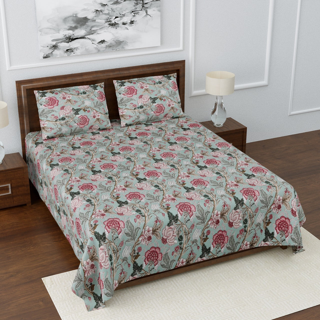 Anokhi Floral Bird Print King Size Cotton Bedsheet 100x100 with 2 Pillow Covers
