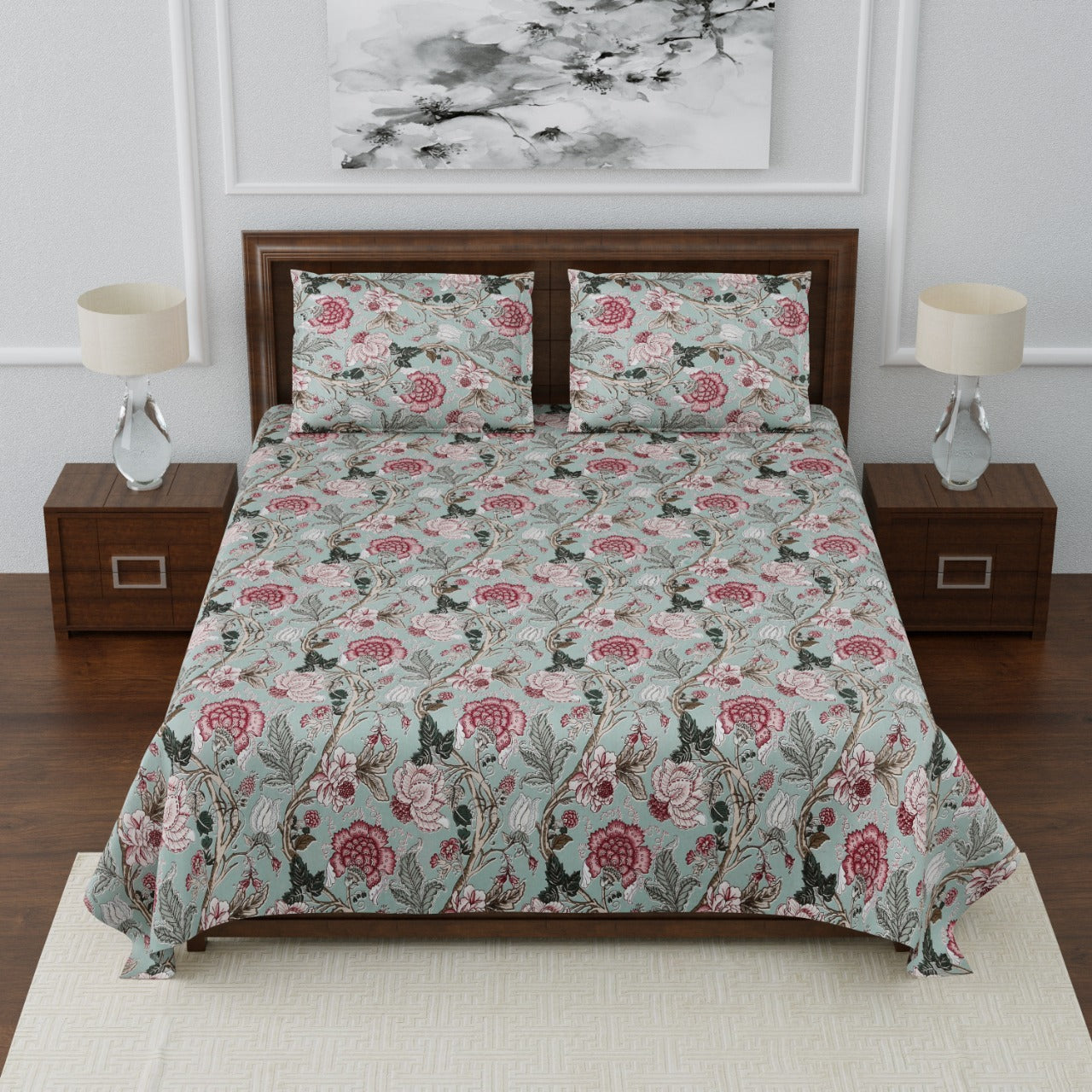 Anokhi Floral Bird Print King Size Cotton Bedsheet 100x100 with 2 Pillow Covers
