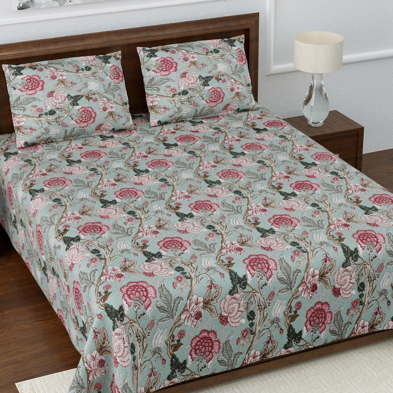 Anokhi Floral Bird Print King Size Cotton Bedsheet 100x100 with 2 Pillow Covers