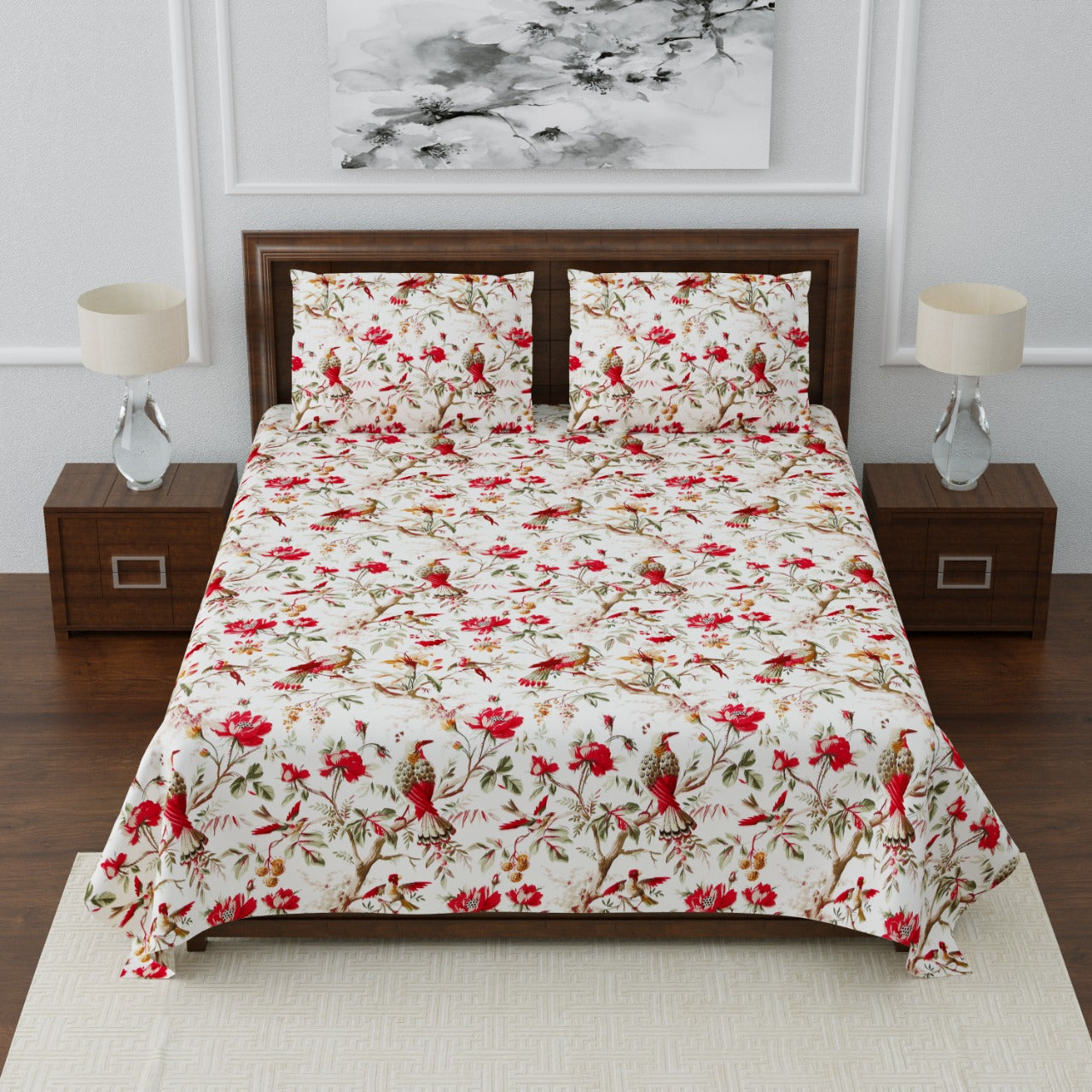 Anokhi Floral Bird Print King Size Cotton Bedsheet 100x100 with 2 Pillow Covers