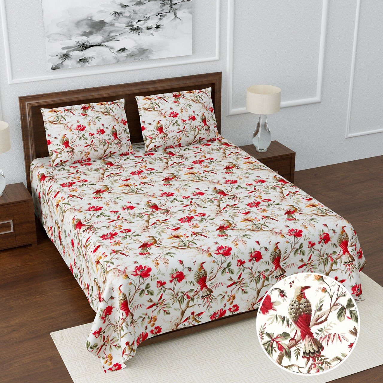 Anokhi Floral Bird Print King Size Cotton Bedsheet 100x100 with 2 Pillow Covers