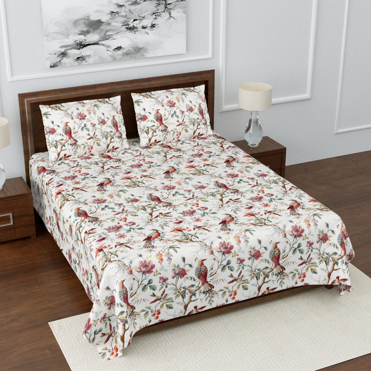 Anokhi Floral Bird Print King Size Cotton Bedsheet 100x100 with 2 Pillow Covers