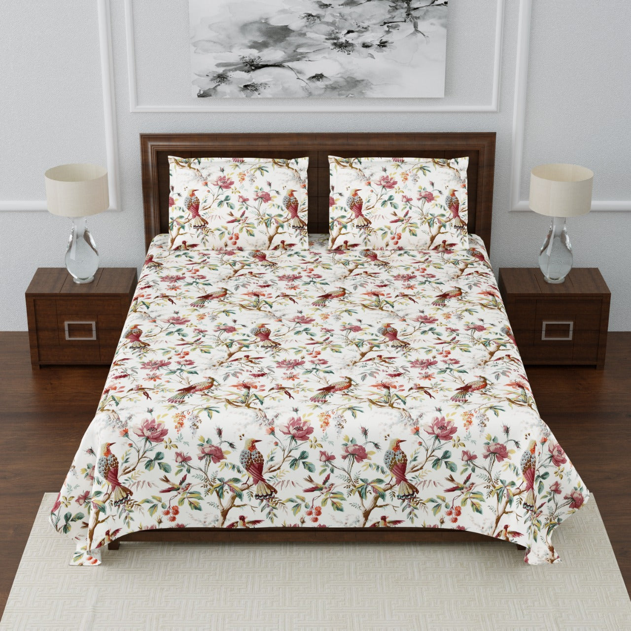 Anokhi Floral Bird Print King Size Cotton Bedsheet 100x100 with 2 Pillow Covers