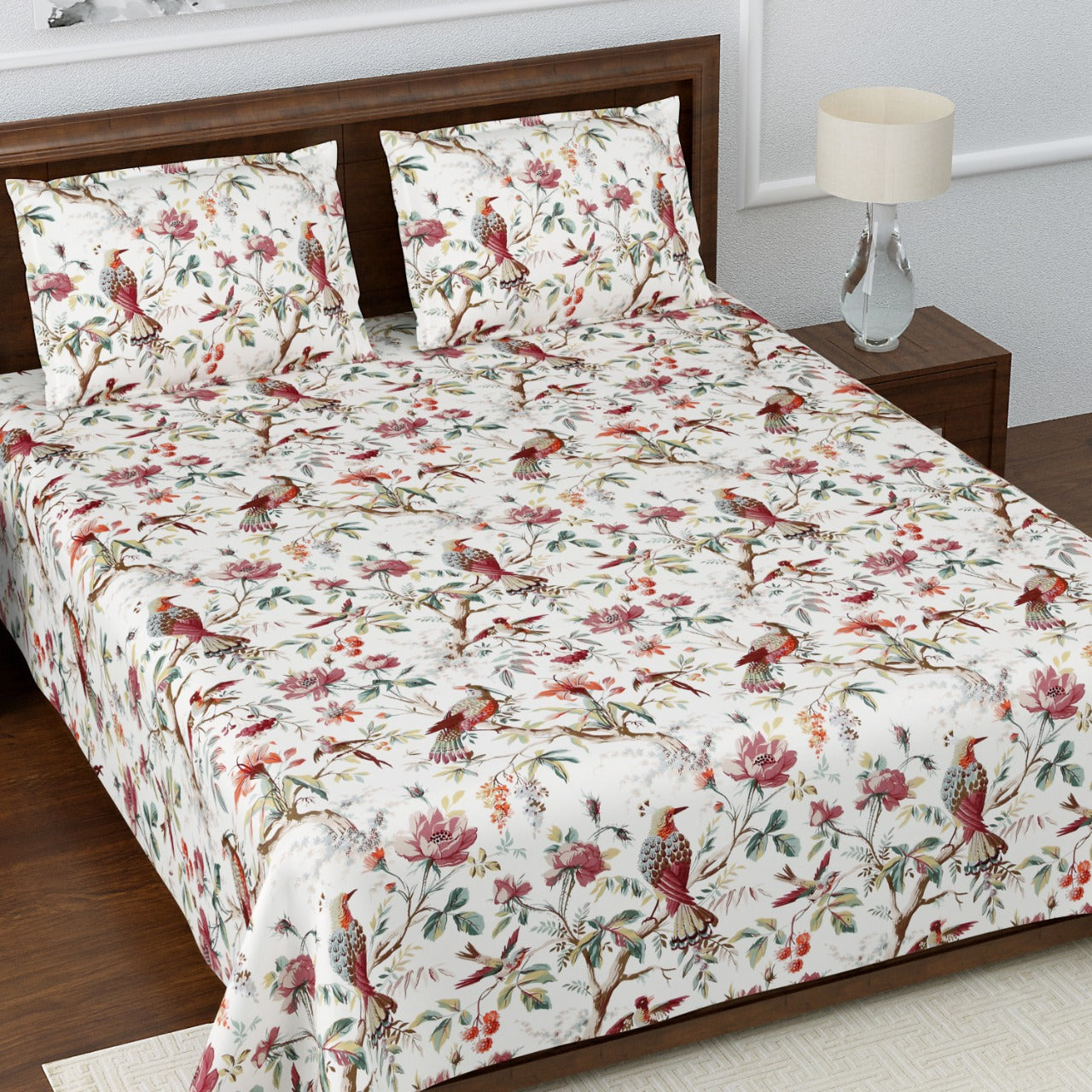 Anokhi Floral Bird Print King Size Cotton Bedsheet 100x100 with 2 Pillow Covers