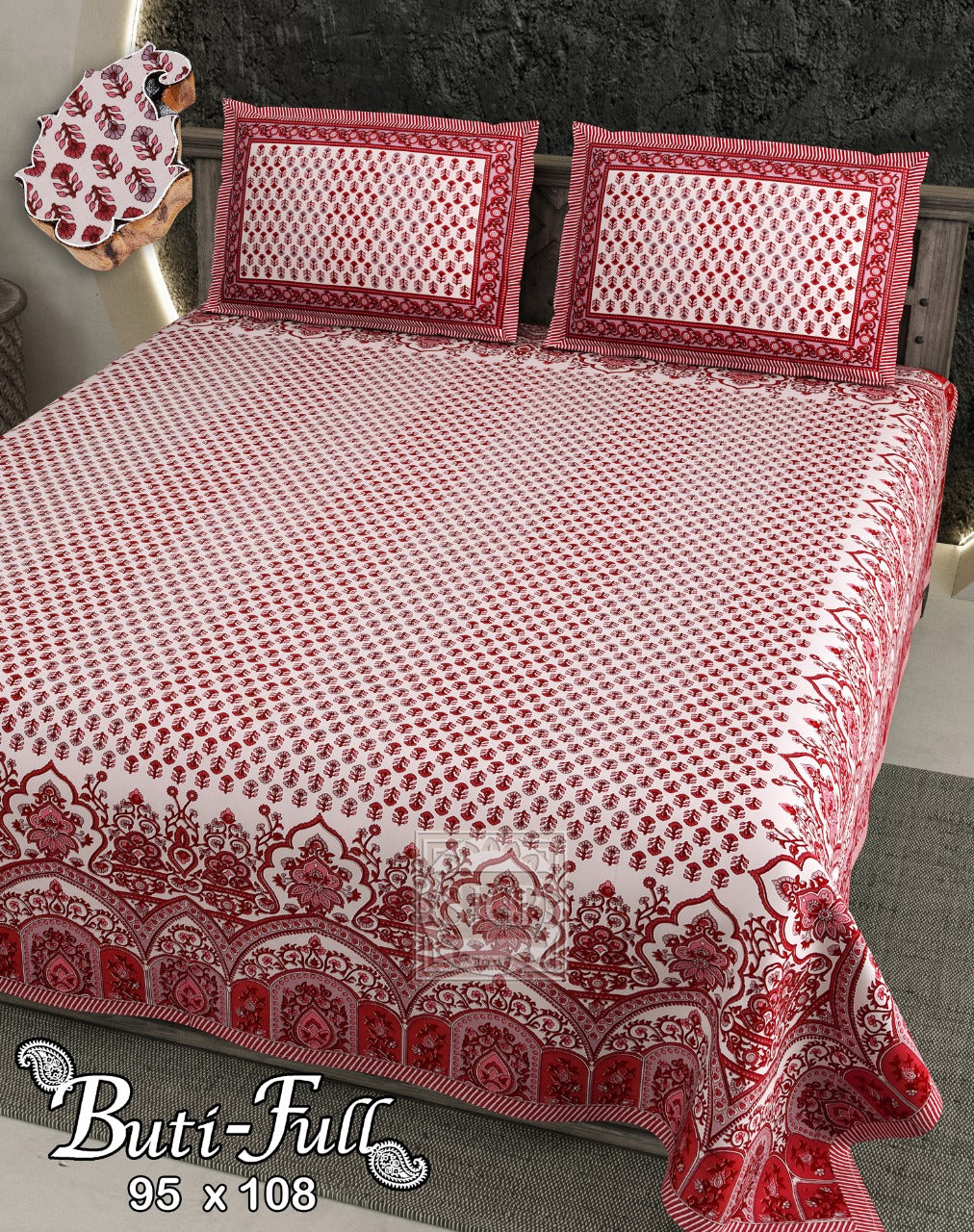 Buti Print King Size Cotton Bedsheet 95x108 with 2 Pillow Covers | Pure Cotton Bedding
