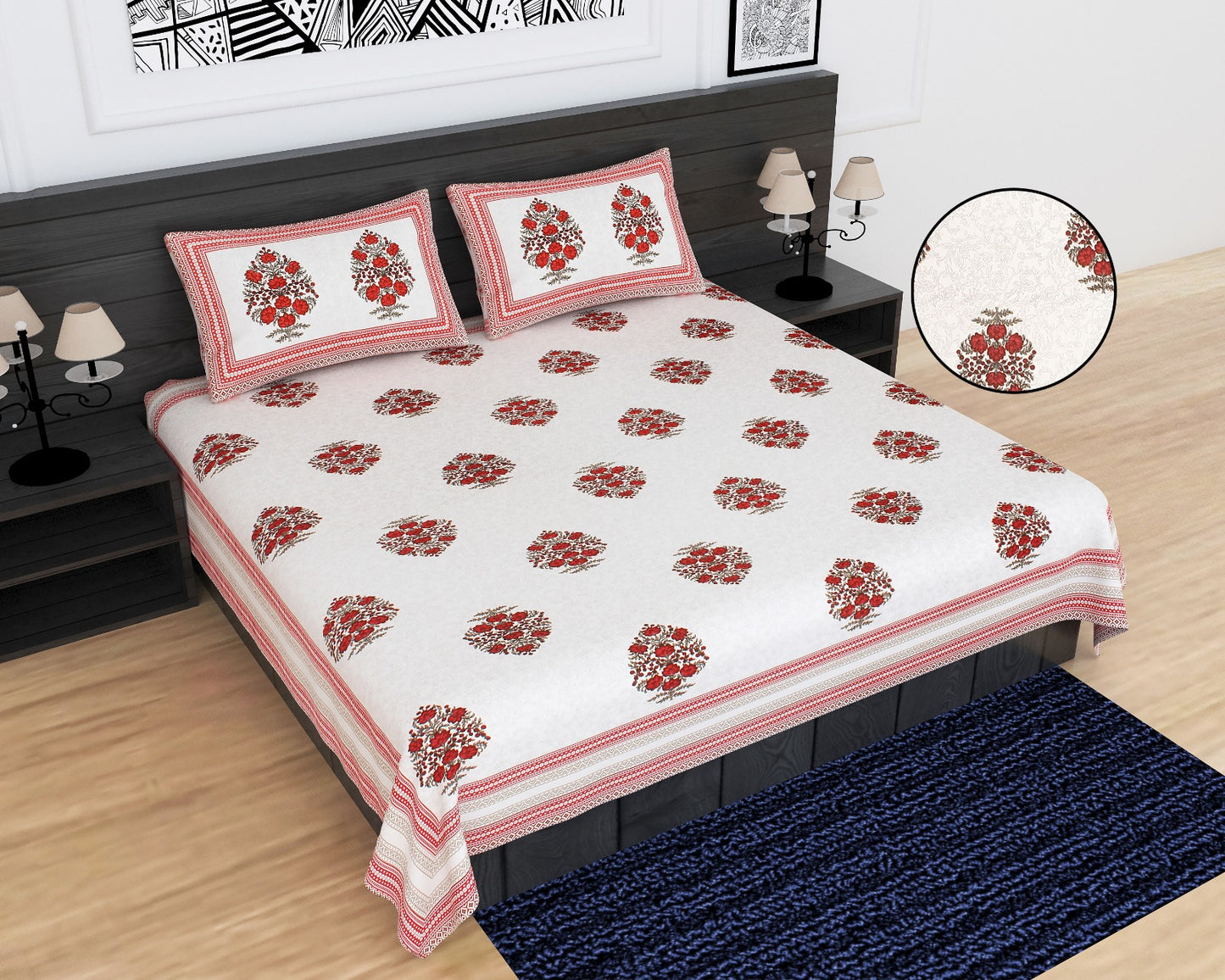 Urbana Buta Print King Size Cotton Bedsheet 95x108 with 2 Pillow Covers