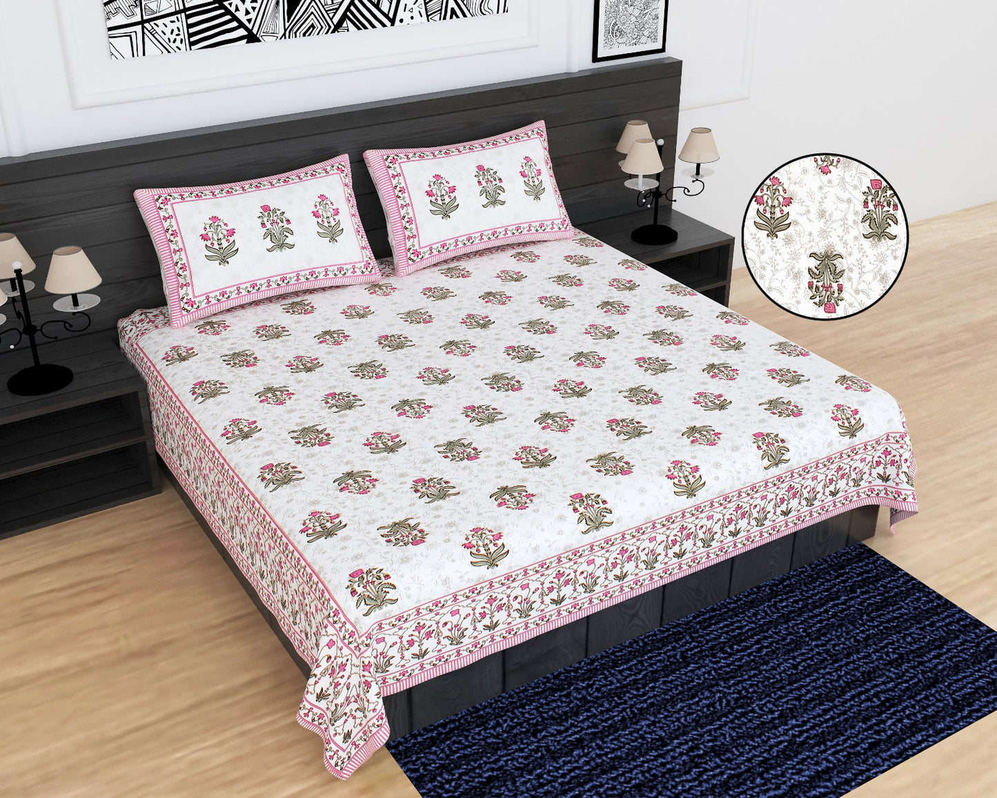 Urbana Buta Print King Size Cotton Bedsheet 95x108 with 2 Pillow Covers