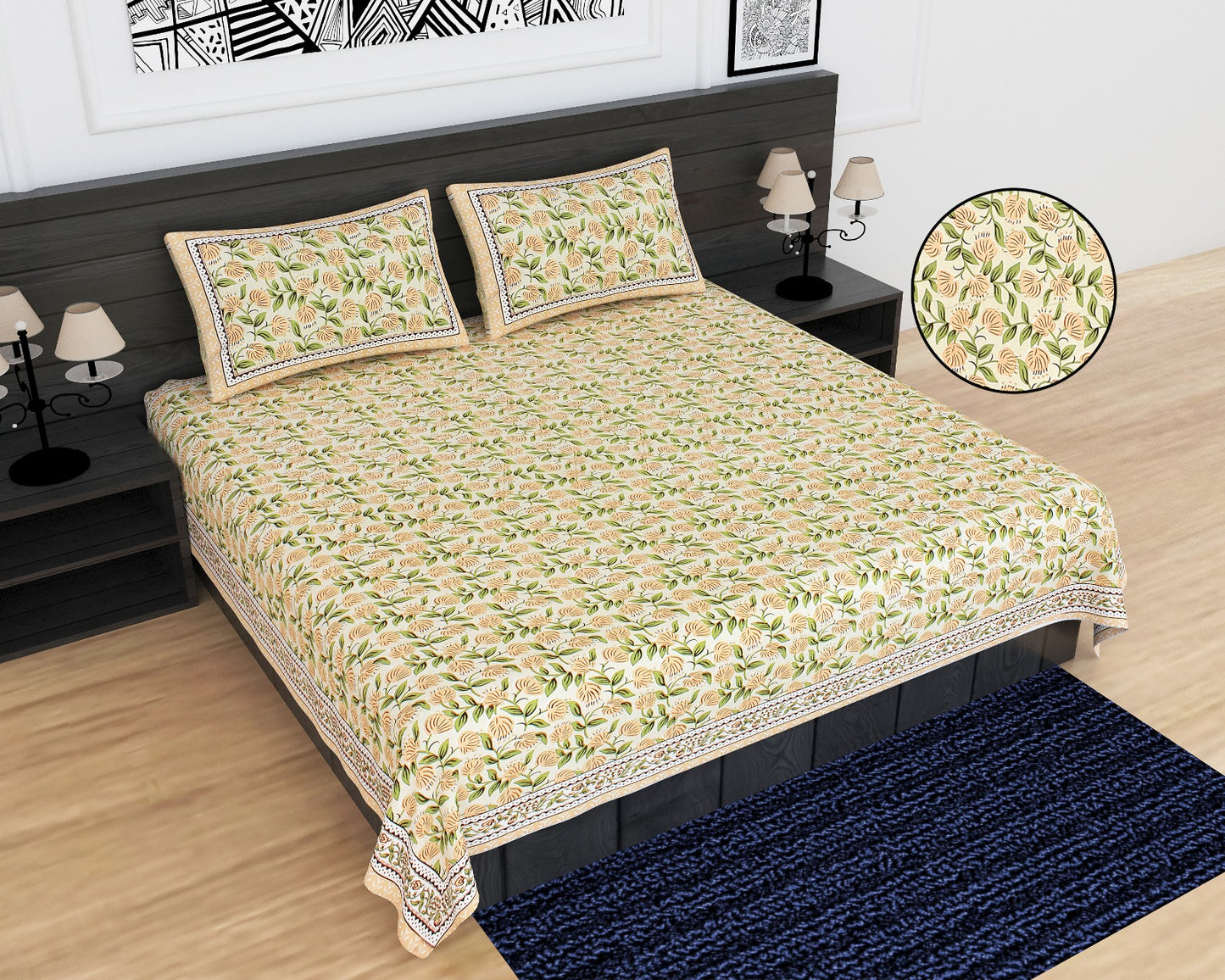 Jaipuri Cotton King Size Bedsheet 95x108 | Traditional Floral & Buta Print with Pillow Covers