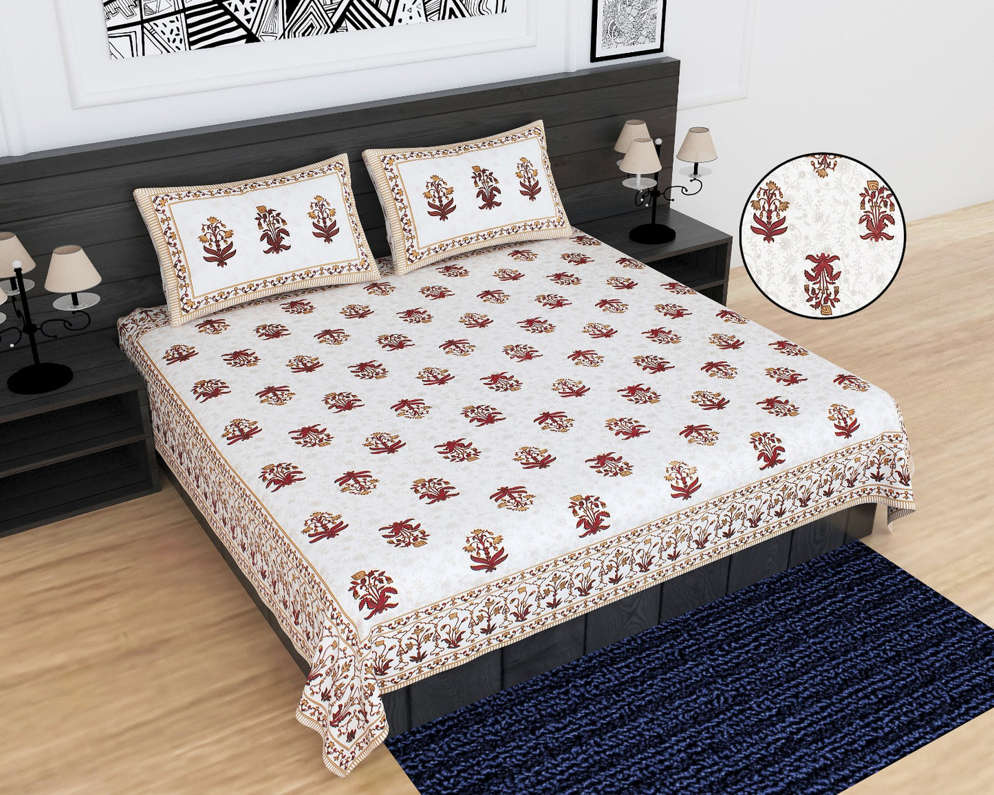 Jaipuri Cotton King Size Bedsheet 95x108 with Pillow Covers | Traditional Block Print