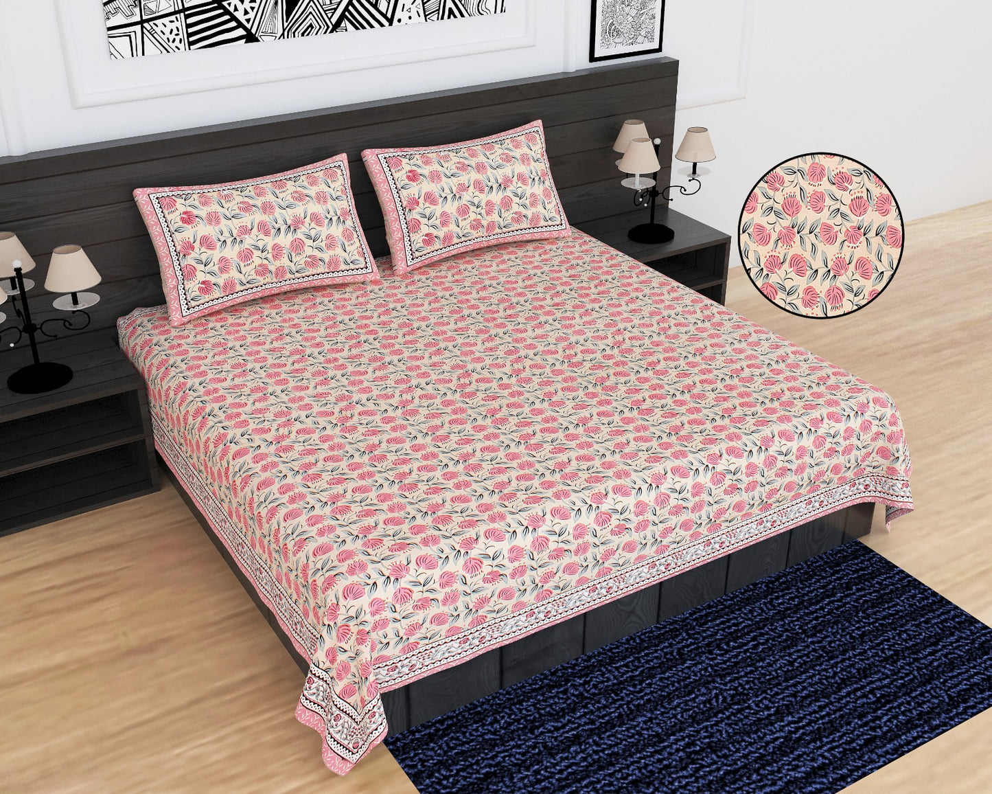 Jaipuri Cotton King Size Bedsheet 95x108 | Traditional Floral & Buta Print with Pillow Covers