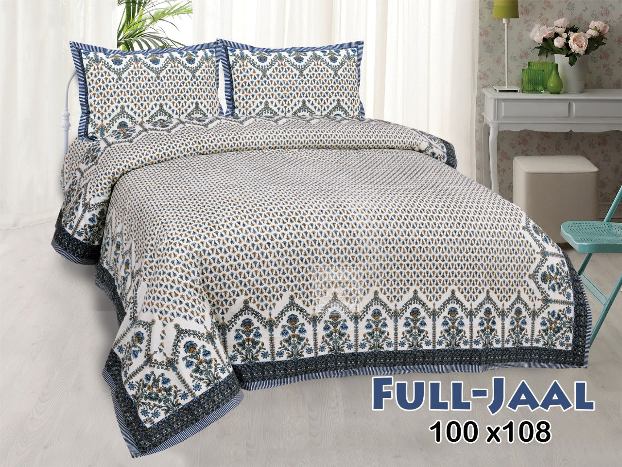 Jaipuri Buti Print Cotton King Size Bedsheet 95x108 | Floral Border Block Print with Pillow Covers