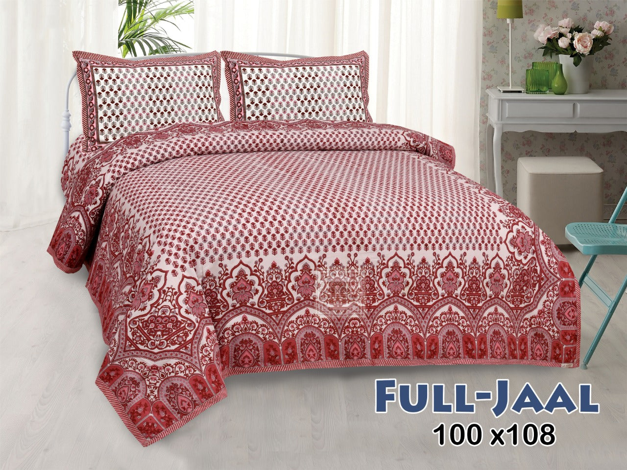 Jaipuri Buti Print Cotton King Size Bedsheet 95x108 | Floral Border Block Print with Pillow Covers