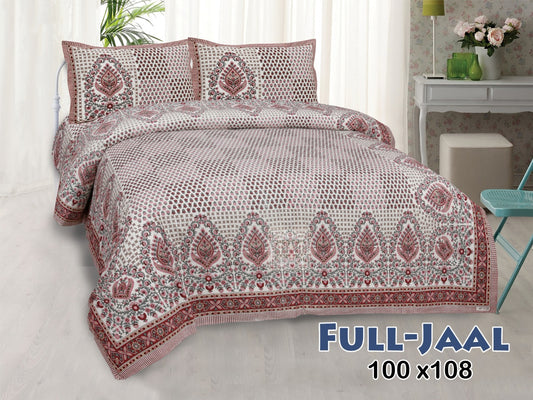 Jaipuri Paisley Block Print Cotton King Size Bedsheet 95x108 | Mughal Border Design with Pillow Covers
