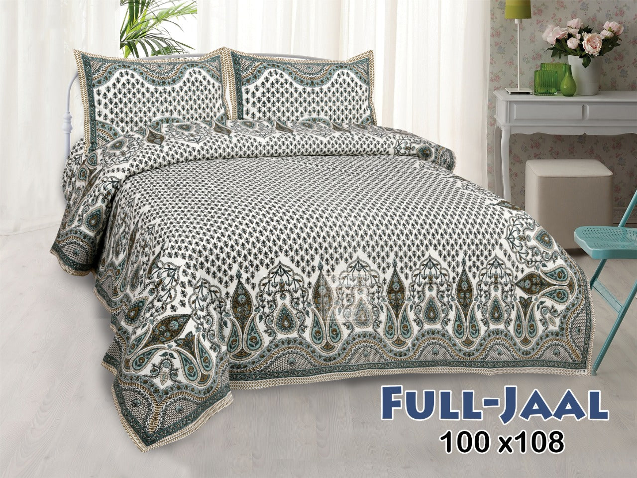 Jaipuri Buti Print Cotton King Size Bedsheet 95x108 | Floral Border Block Print with Pillow Covers