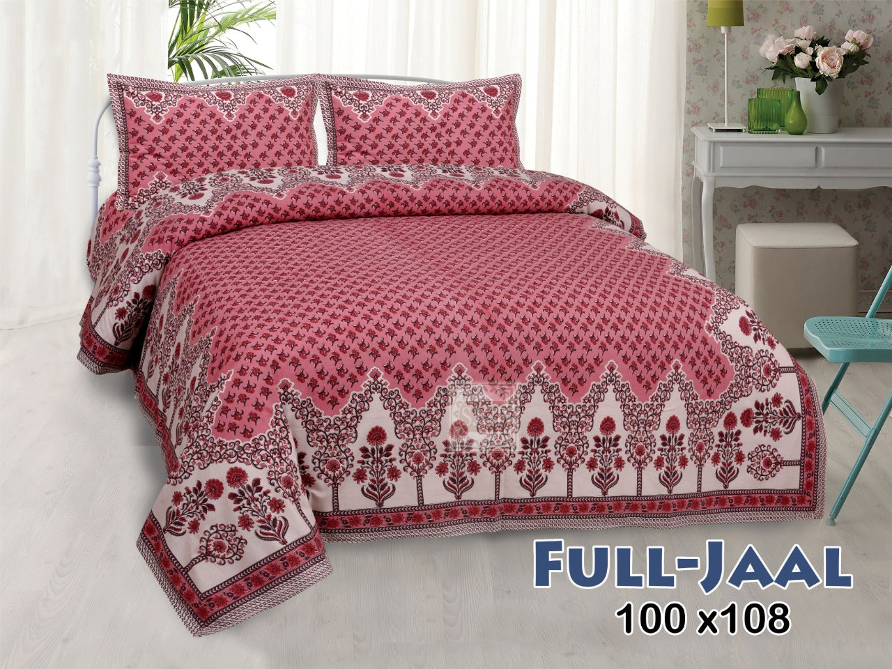 Jaipuri Buti Print Cotton King Size Bedsheet 95x108 | Floral Border Block Print with Pillow Covers