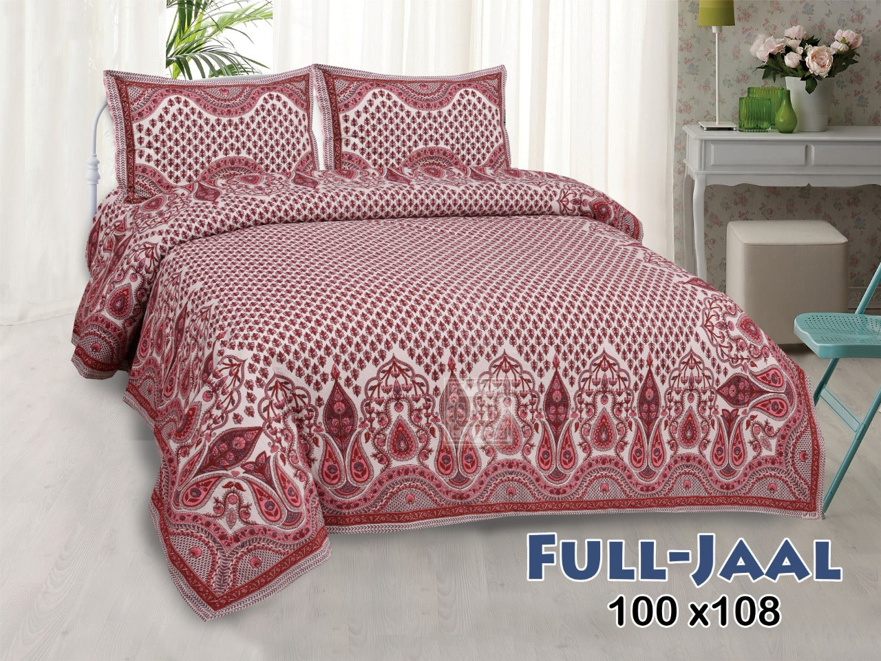 Jaipuri Buti Print Cotton King Size Bedsheet 95x108 | Floral Border Block Print with Pillow Covers