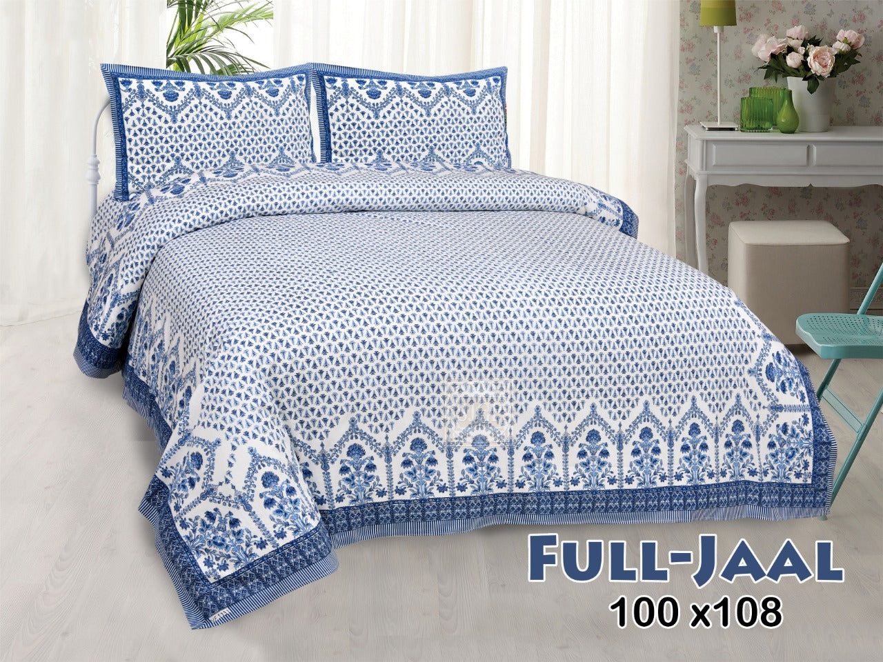 Jaipuri Buti Print Cotton King Size Bedsheet 95x108 | Floral Border Block Print with Pillow Covers