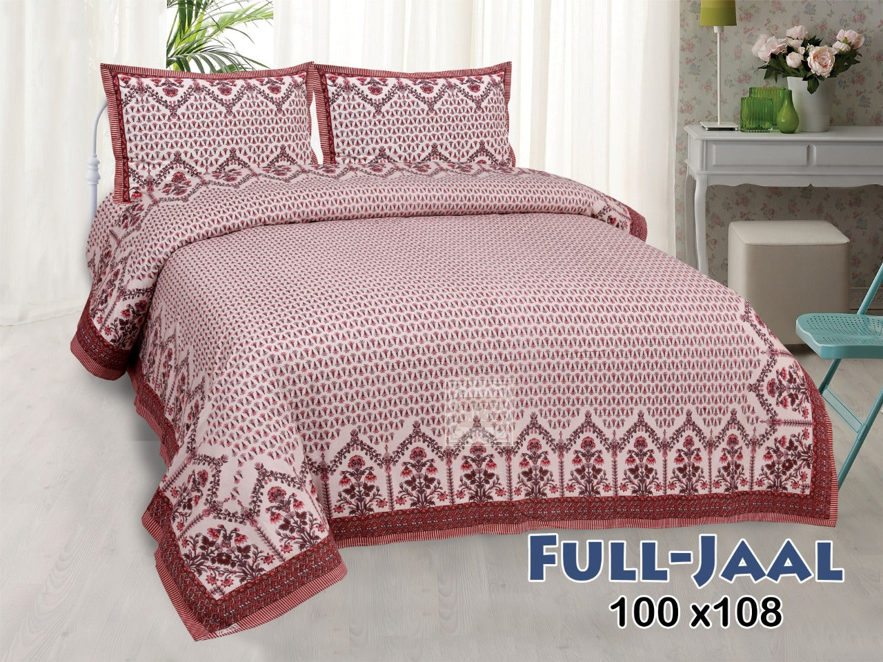 Jaipuri Buti Print Cotton King Size Bedsheet 95x108 | Floral Border Block Print with Pillow Covers