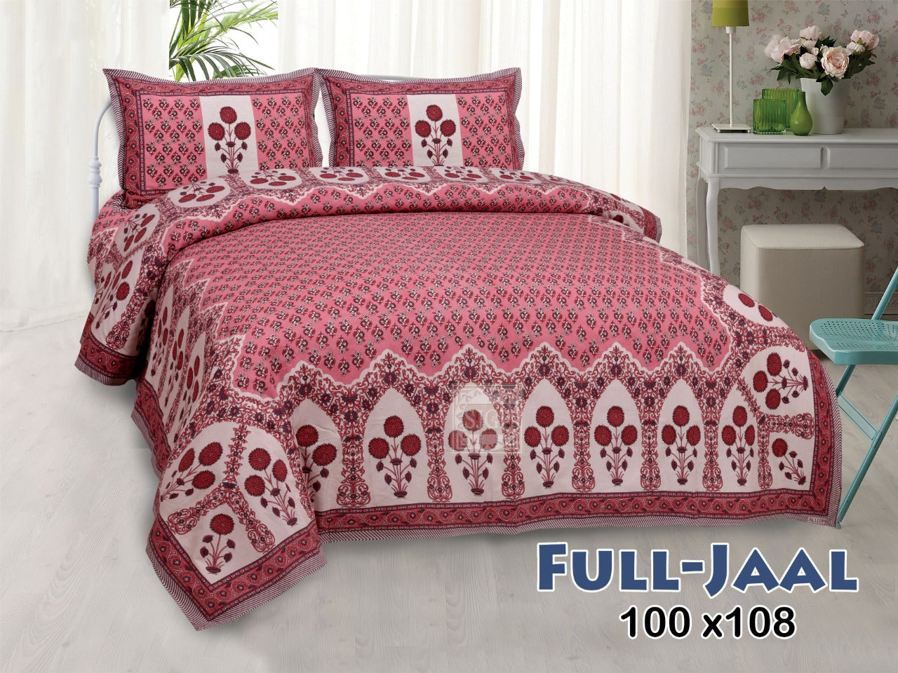 Jaipuri Paisley Block Print Cotton King Size Bedsheet 95x108 | Mughal Border Design with Pillow Covers