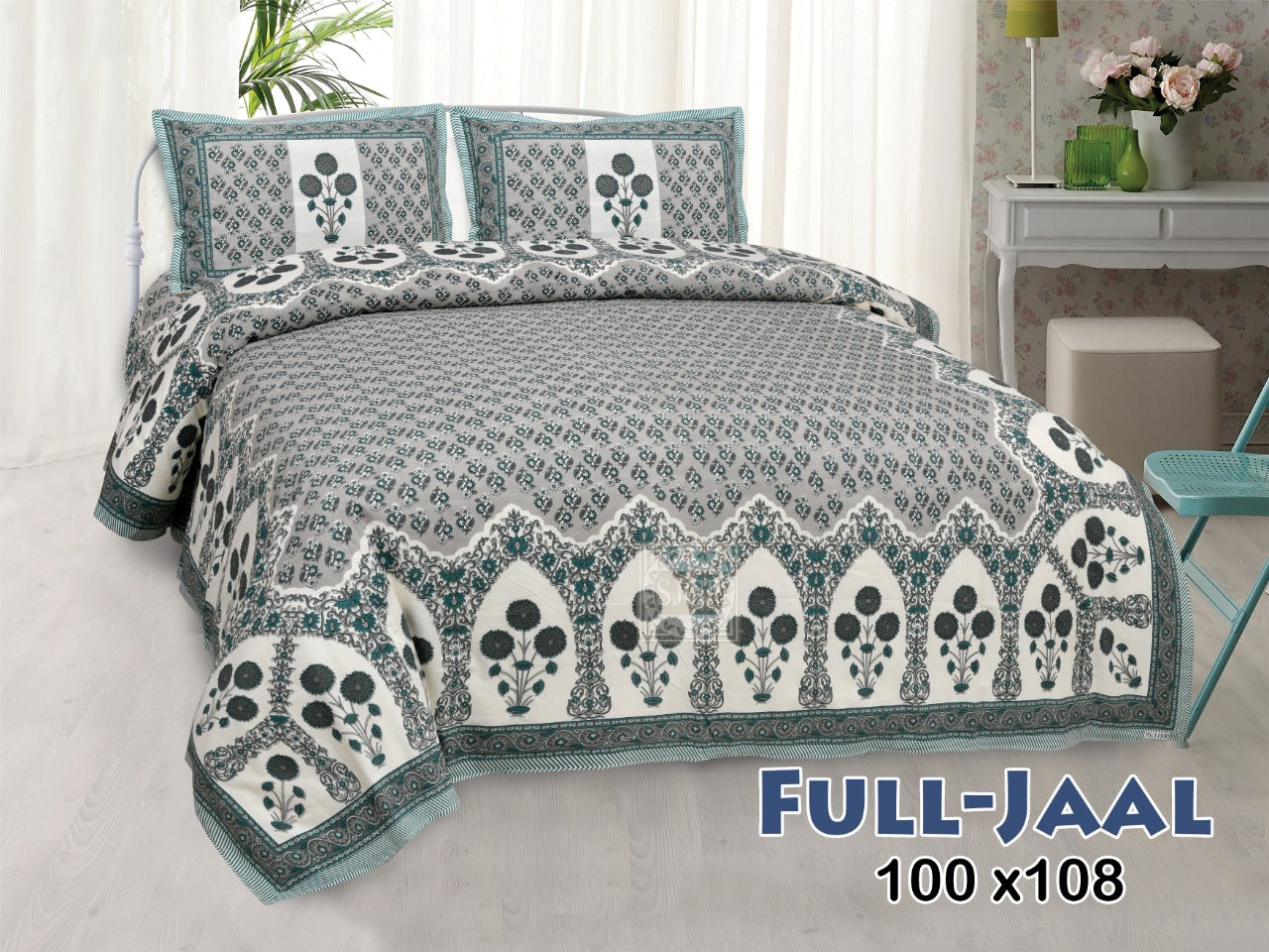 Jaipuri Paisley Block Print Cotton King Size Bedsheet 95x108 | Mughal Border Design with Pillow Covers