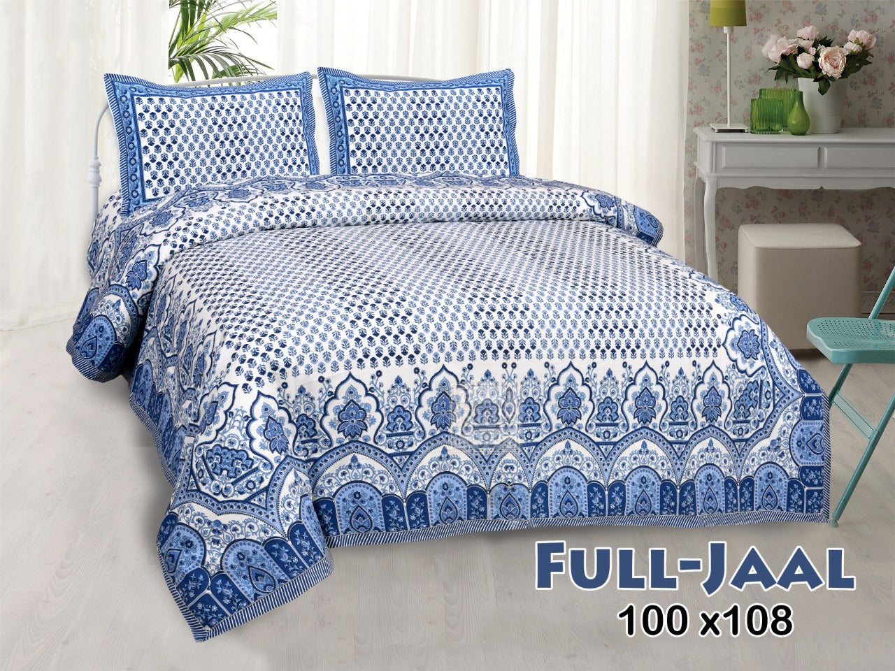 Jaipuri Buti Print Cotton King Size Bedsheet 95x108 | Floral Border Block Print with Pillow Covers