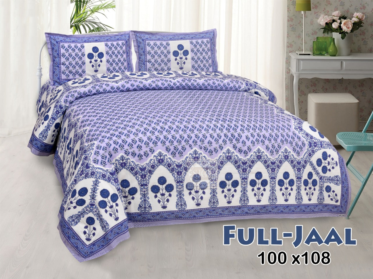Jaipuri Paisley Block Print Cotton King Size Bedsheet 95x108 | Mughal Border Design with Pillow Covers