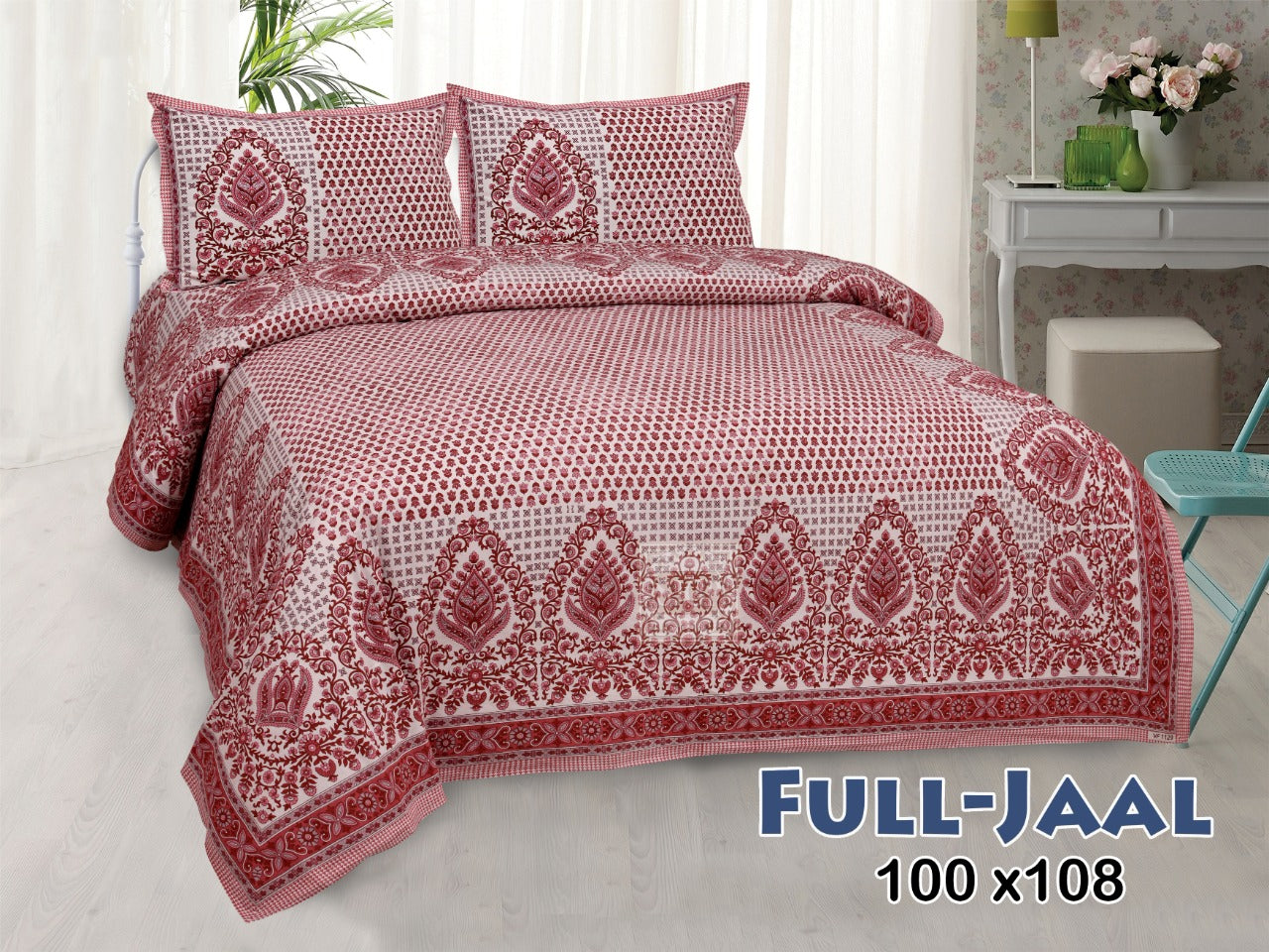 Jaipuri Paisley Block Print Cotton King Size Bedsheet 95x108 | Mughal Border Design with Pillow Covers