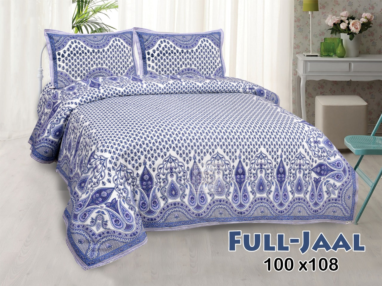 Jaipuri Buti Print Cotton King Size Bedsheet 95x108 | Floral Border Block Print with Pillow Covers