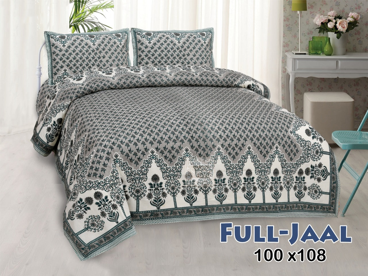 Jaipuri Buti Print Cotton King Size Bedsheet 95x108 | Floral Border Block Print with Pillow Covers