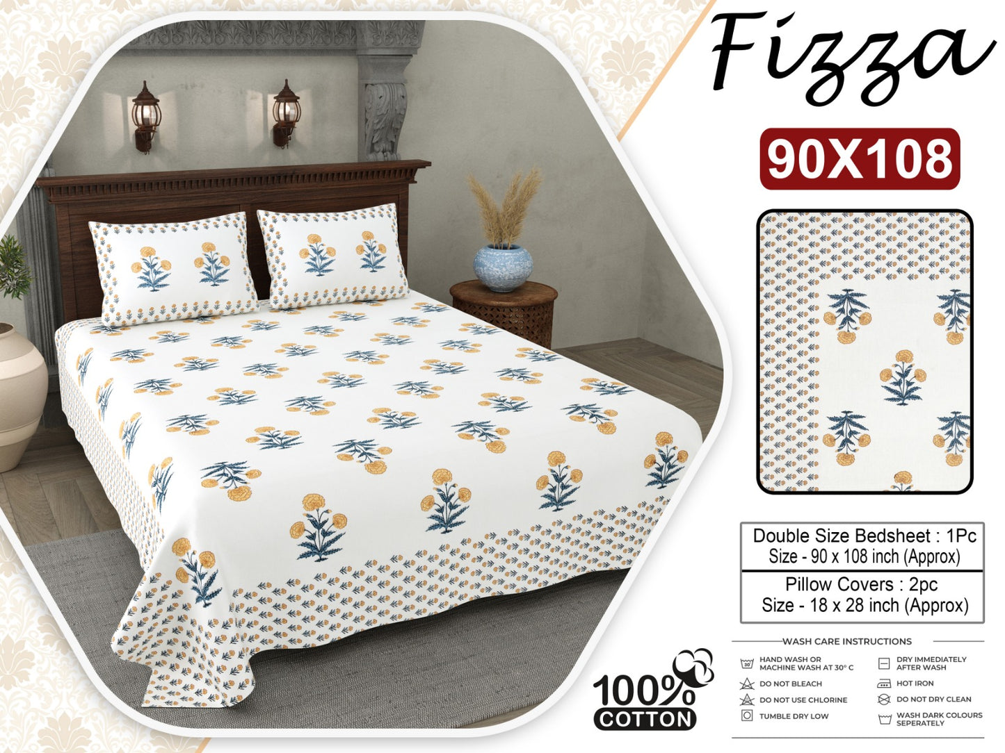 Fizza Floral King Size Cotton Bedsheet with 2 Pillow Covers (90x108 Inch)