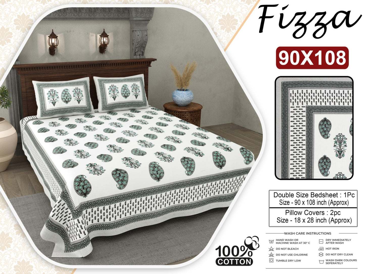 Fizza Paisley Print King Size Cotton Bedsheet with 2 Pillow Covers (90x108 Inch)