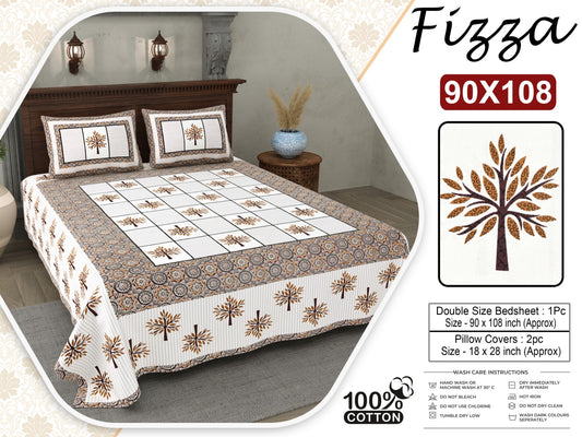 King Size Cotton Bedsheet 90x108 with Tree Motif Print & 2 Pillow Covers | Fizza