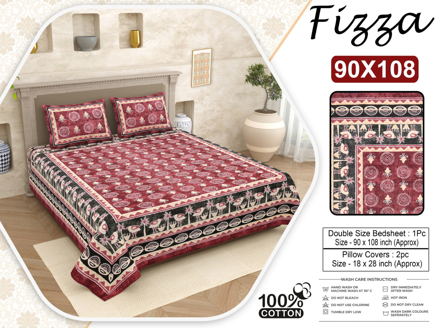 Fizza Tribal Print King Size Cotton Bedsheet with 2 Pillow Covers (90x108 Inch)
