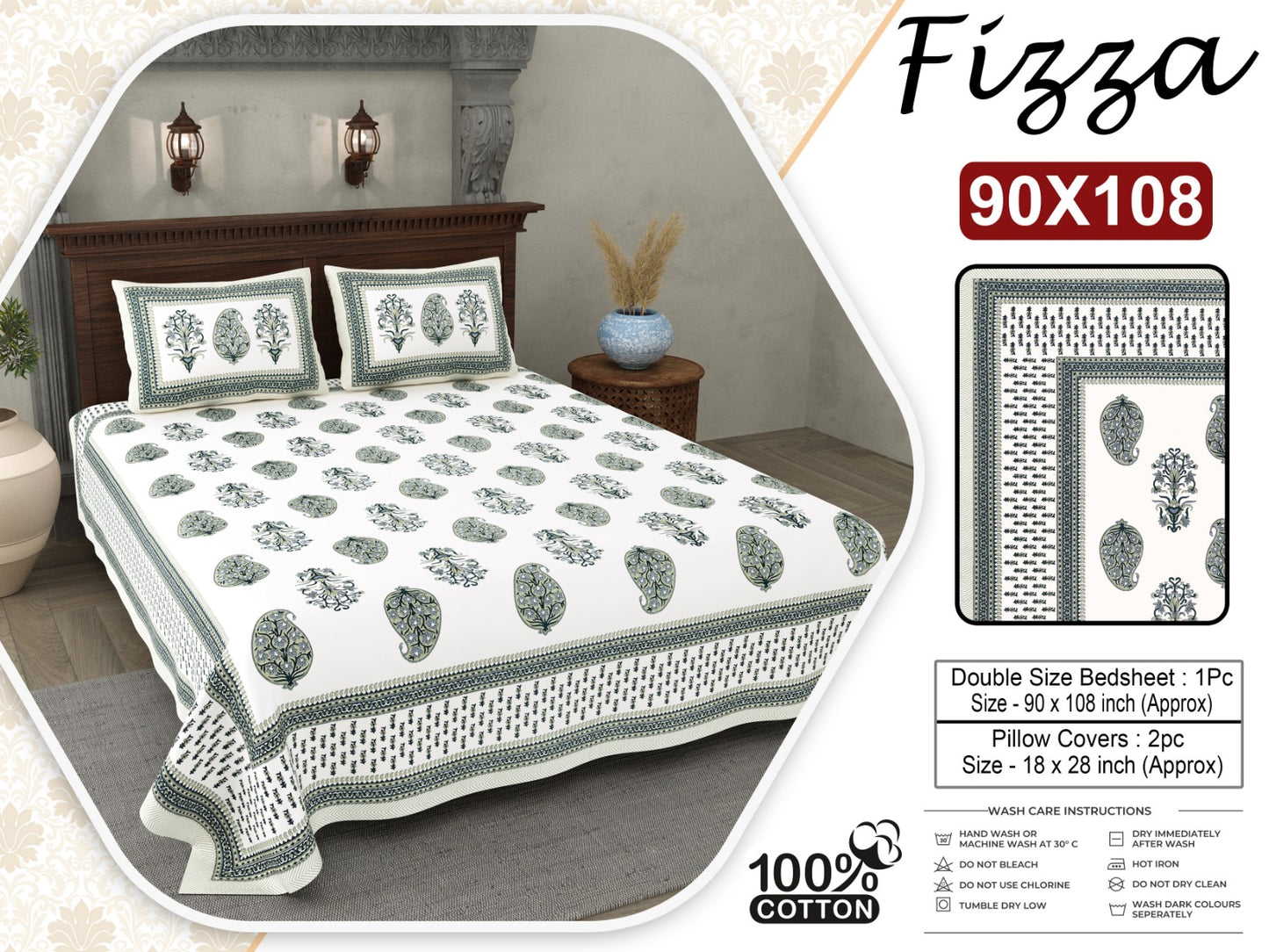 Fizza Paisley Print King Size Cotton Bedsheet with 2 Pillow Covers (90x108 Inch)