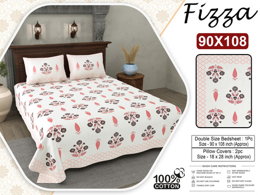Floral Block Print King Size Cotton Bedsheet 90x108 with 2 Pillow Covers | Fizza
