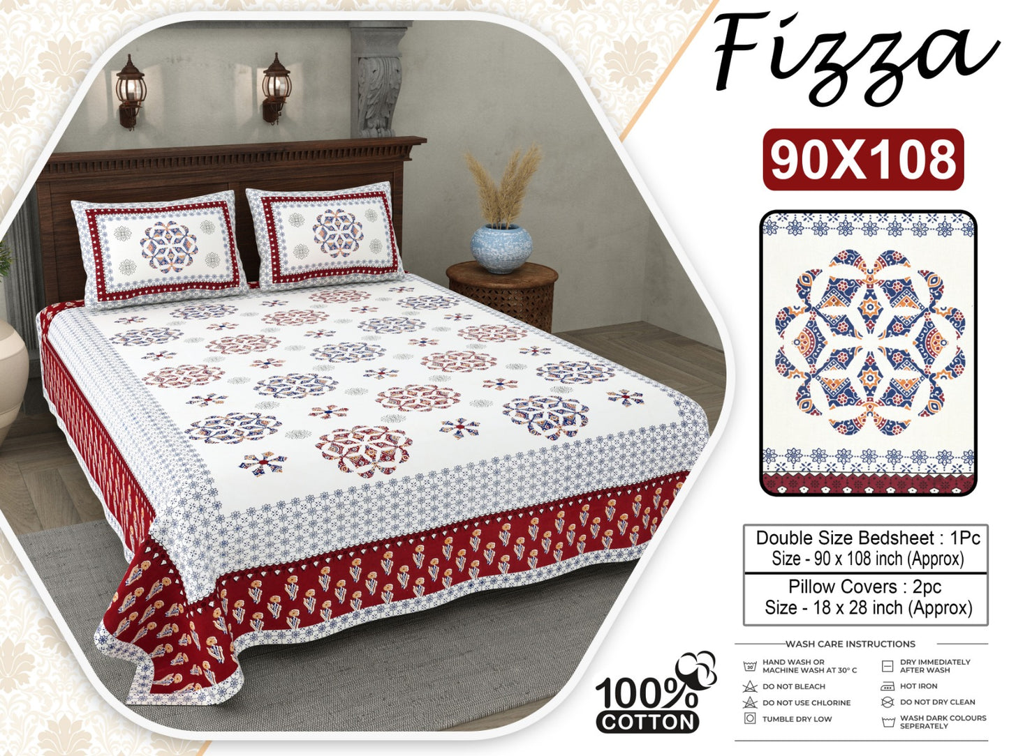 Mandala Print King Size Cotton Bedsheet 90x108 with 2 Pillow Covers | Fizza