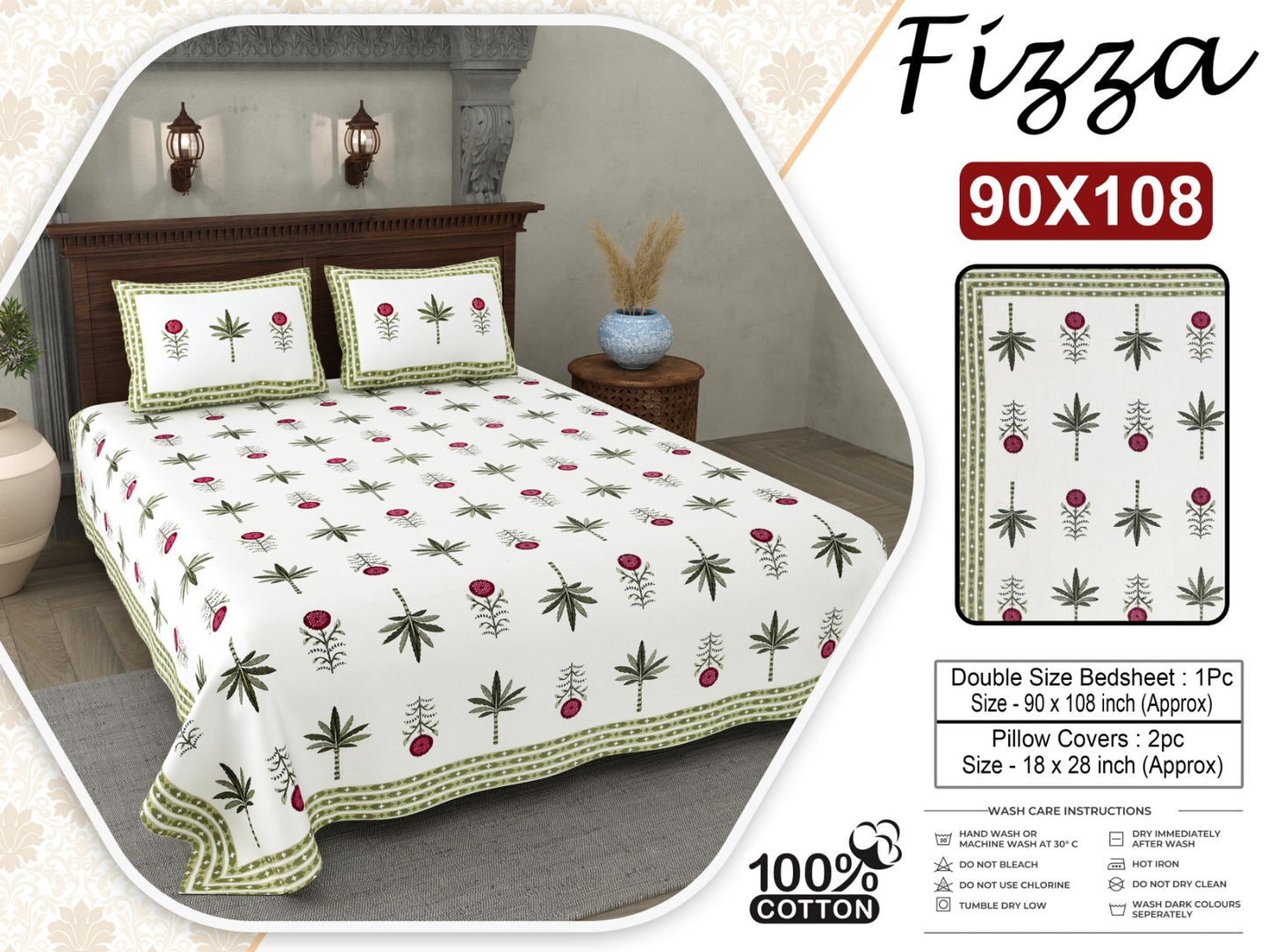 Leaf Print King Size Cotton Bedsheet 90x108 with 2 Pillow Covers | Fizza