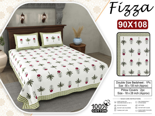 Leaf Print King Size Cotton Bedsheet 90x108 with 2 Pillow Covers | Fizza
