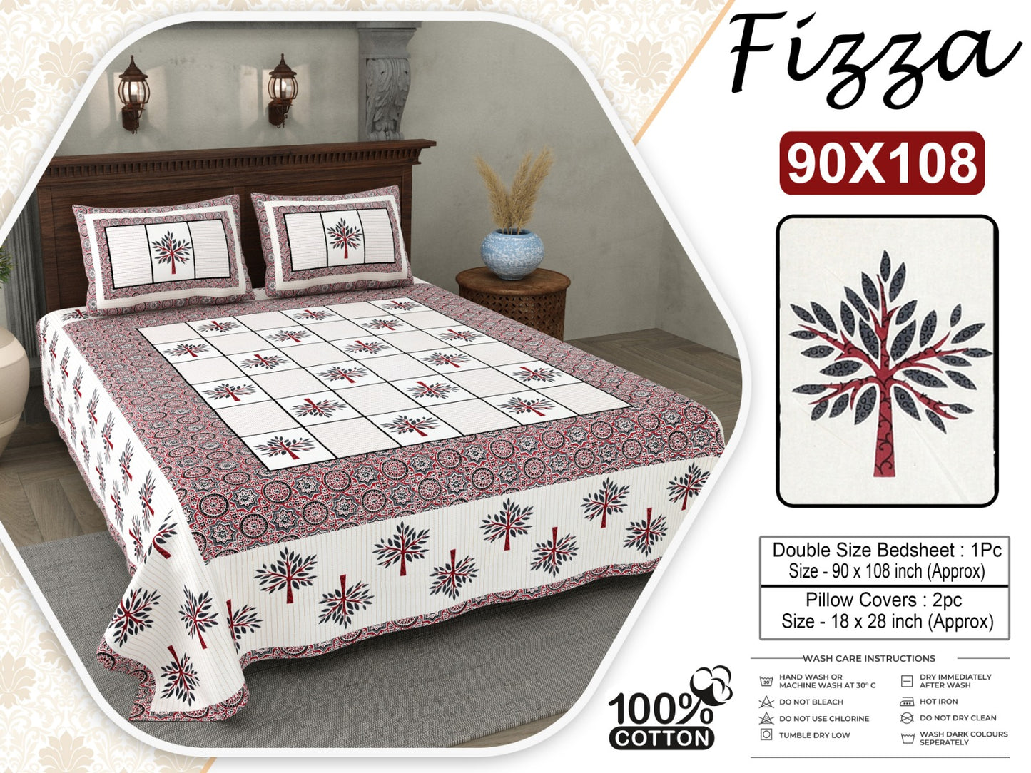 King Size Cotton Bedsheet 90x108 with Tree Motif Print & 2 Pillow Covers | Fizza
