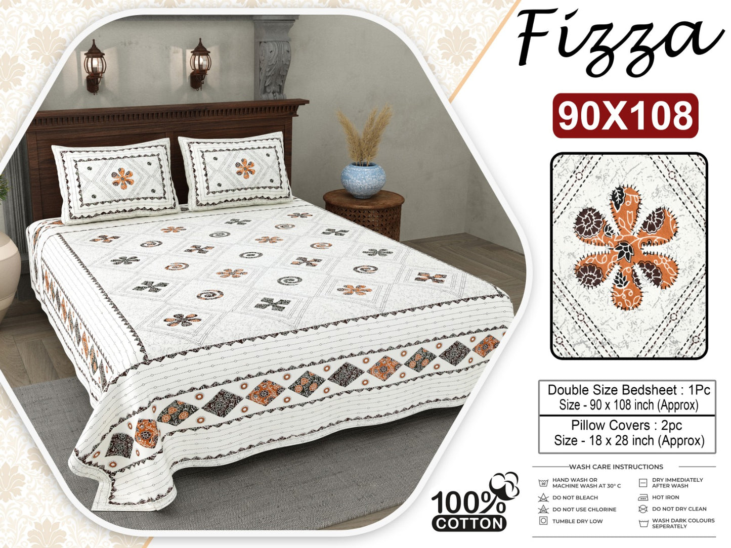 Ethnic Motif King Size Cotton Bedsheet 90x108 with 2 Pillow Covers | Fizza